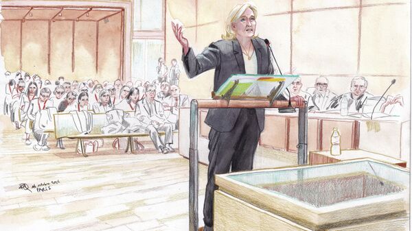 FILE - This courtroom sketch by Valentin Pasquier shows French far-right leader Marine Le Pen during his trial, facing court on charges of embezzling EU funds at the Paris court house, in Paris France, Monday, Oct. 14, 2024. - Sputnik International