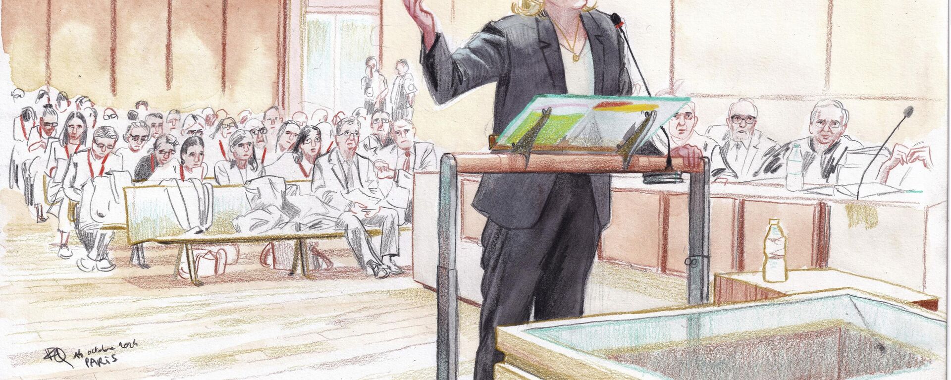 FILE - This courtroom sketch by Valentin Pasquier shows French far-right leader Marine Le Pen during his trial, facing court on charges of embezzling EU funds at the Paris court house, in Paris France, Monday, Oct. 14, 2024. - Sputnik International, 1920, 31.03.2025