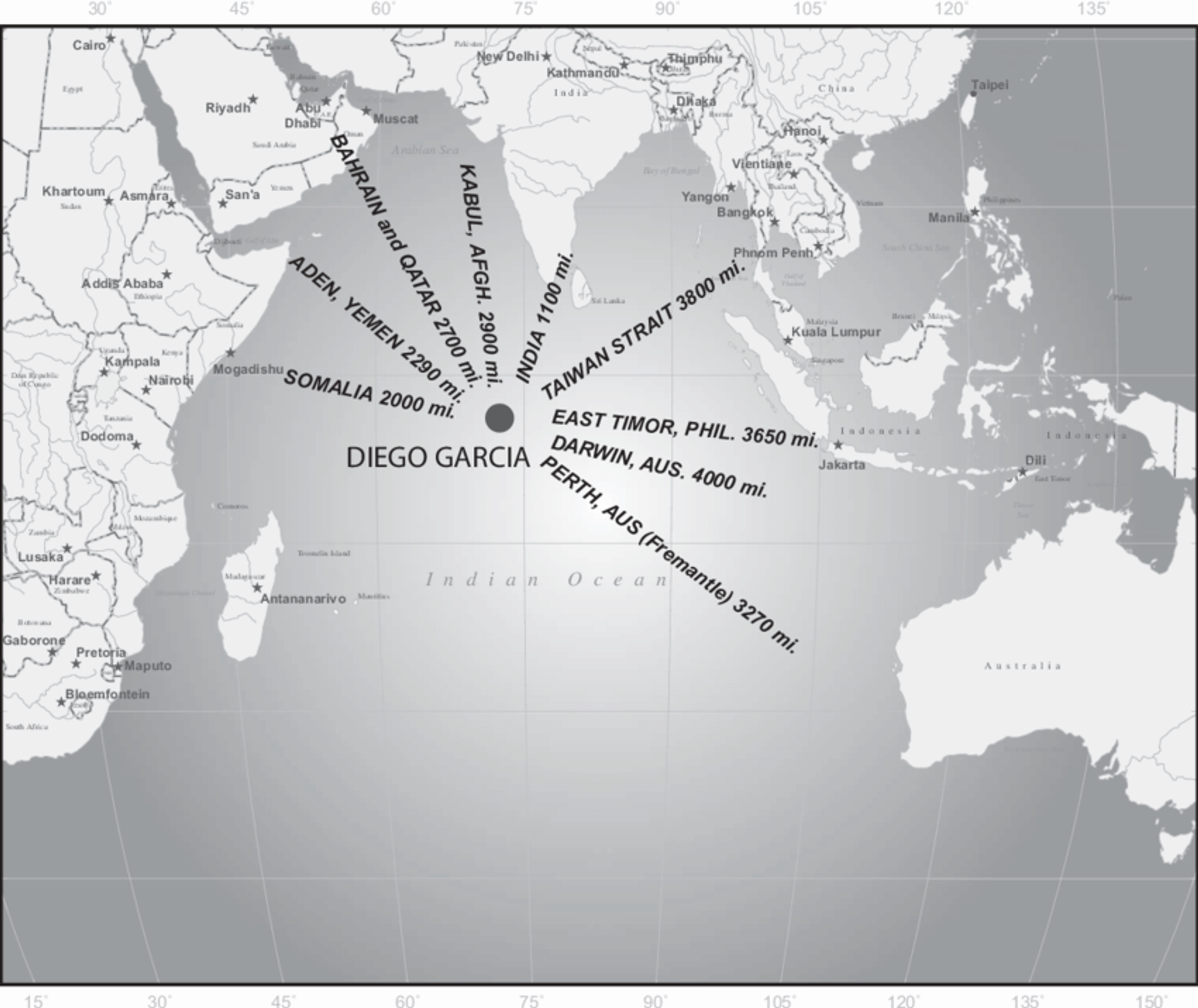Map of Diego Garcia highlighting its strategic significance by showing distances to locations in Africa, the Middle East, Central Asia, India, the Taiwan Strait and Australasia. Map of Diego Garcia highlighting its strategic significance by showing distances to locations in Africa, the Middle East, Central Asia, India, the Taiwan Strait and Australasia. - Sputnik International, 1920, 02.04.2025