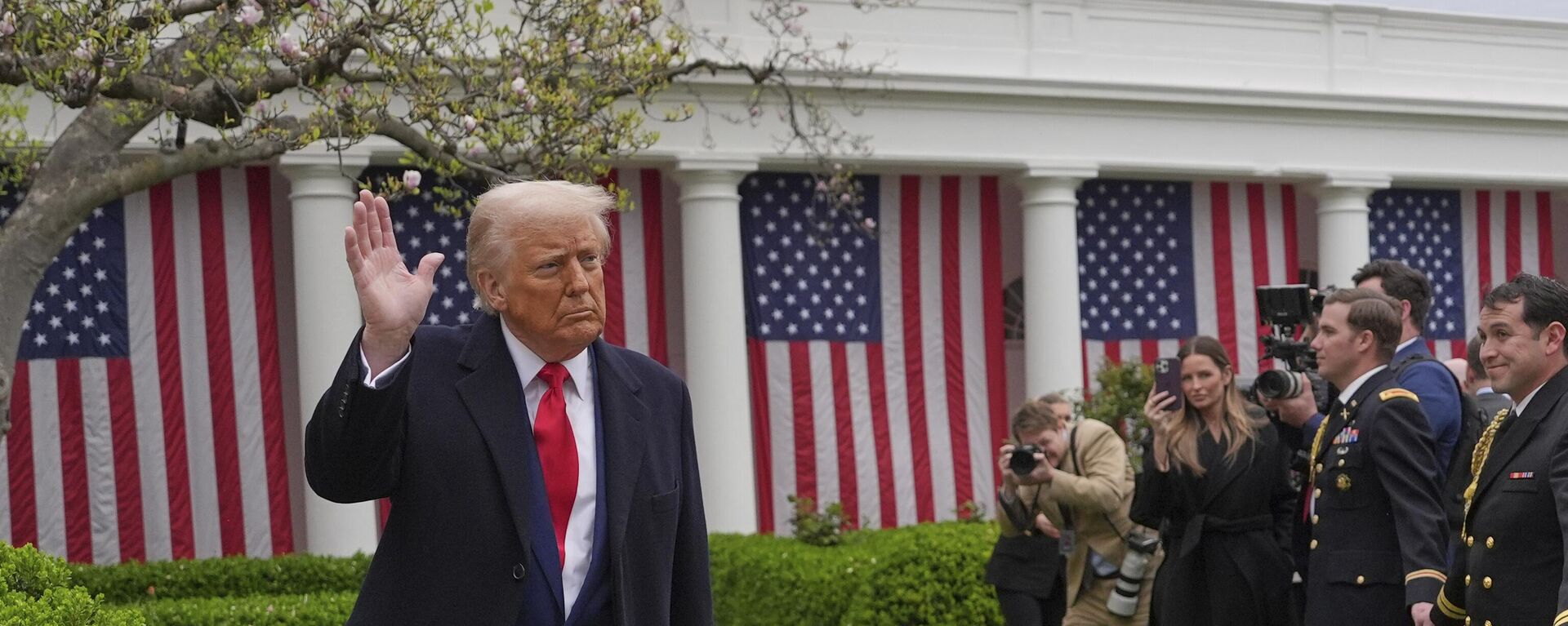 US President Donald Trump departs after signing an executive order at an event to announce new tariffs in the Rose Garden of the White House, Wednesday, April 2, 2025, in Washington. - Sputnik International, 1920, 12.07.2025
