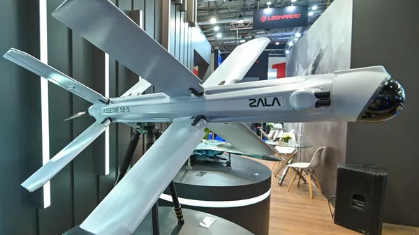 The Lancet-52 (Izdelie 52-E) loitering munition is on display at the stand of Russian state arms exporter Rosoboronexport during the ADEX 2024 international defence industry exhibition in Baku, Azerbaijan. - Sputnik International