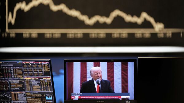 US President Donald Trump appears on a television screen at the stock market in Frankfurt, Germany, Thursday, April 3, 2025.  - Sputnik International
