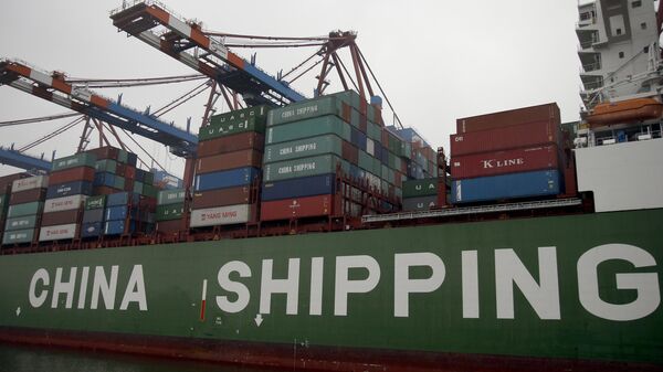 Containers are pictured on board of the 'Star' vessel of the China Shipping Container Lines shipping company at the harbour in Hamburg, Germany. - Sputnik International