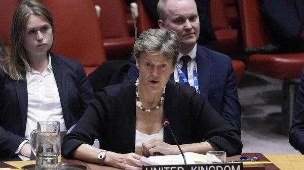 Great Britain UN Ambassador Barbara Woodward addresses the United Nations Security Council, Monday, March 24, 2025. (AP Photo/Richard Drew) - Sputnik International