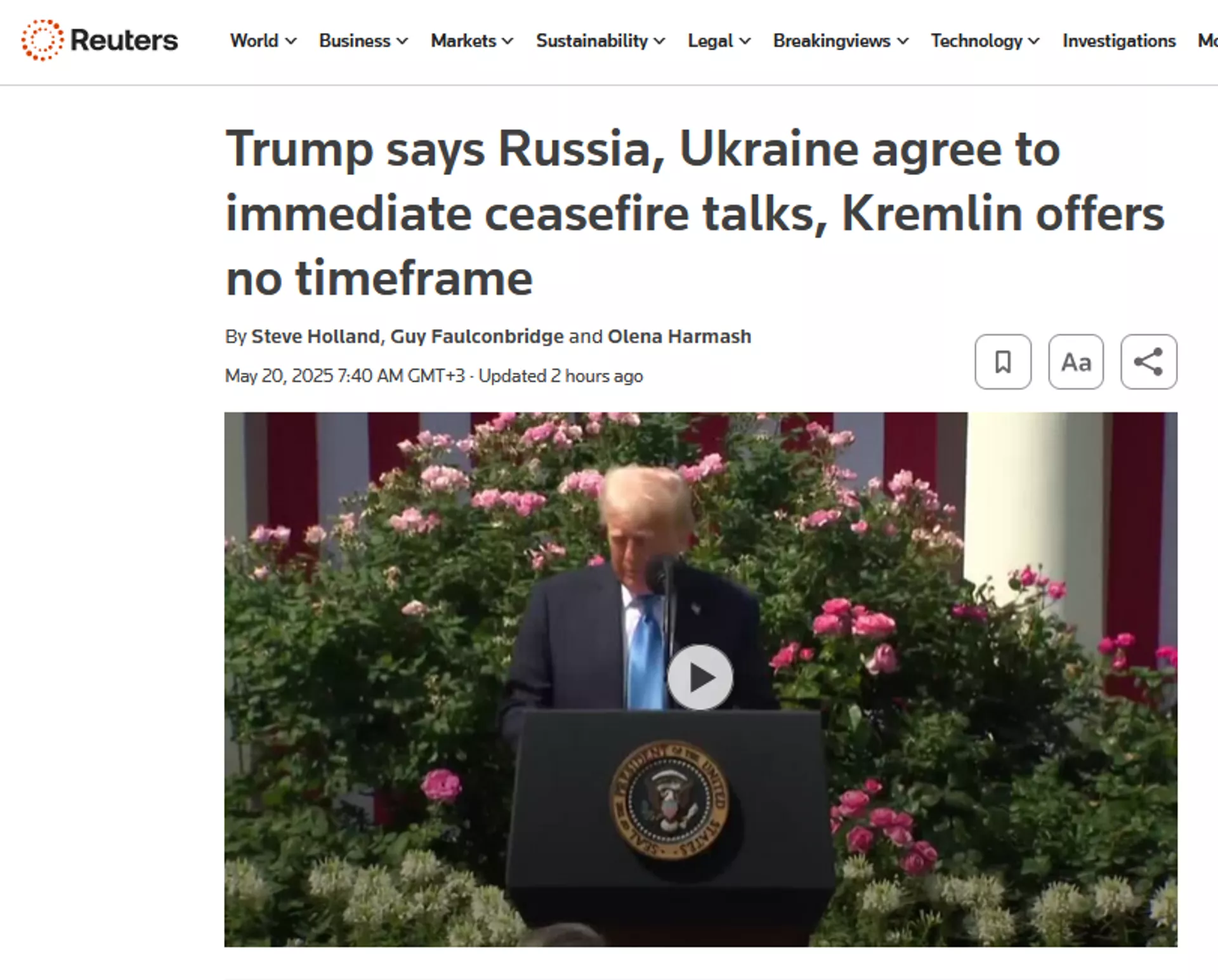 Capture d'écran d'un article de Reuters. Capture d'écran d'un article de Reuters. - Sputnik International, 1920, 20.05.2025