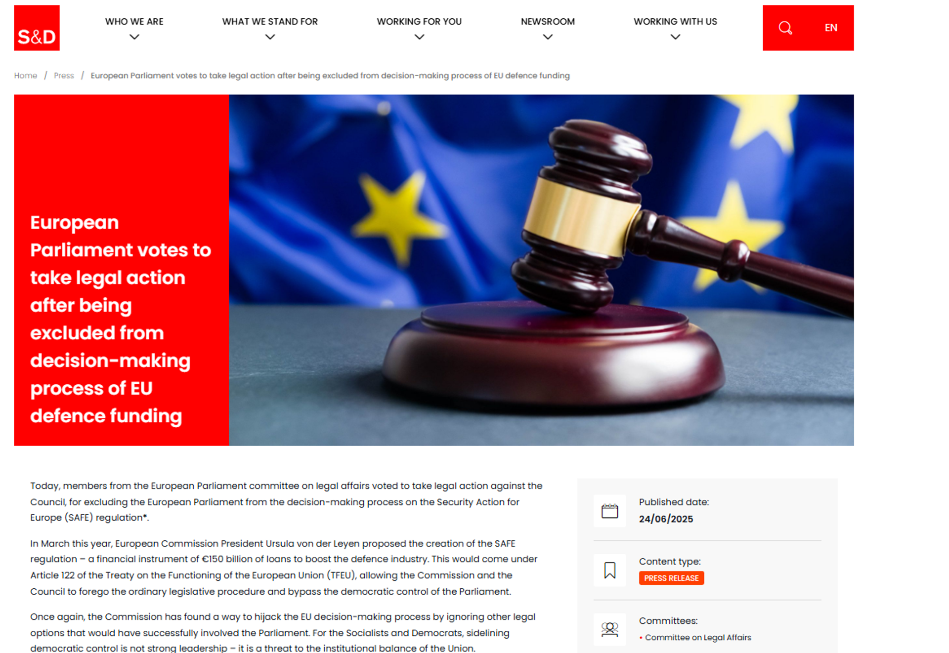 Screenshot of statement by the Progressive Alliance of Socialists and Democrats (S&D) Group in the European Parliament on a vote to take legal action after being excluded from decision-making process of EU defence funding. - Sputnik International, 1920, 26.06.2025