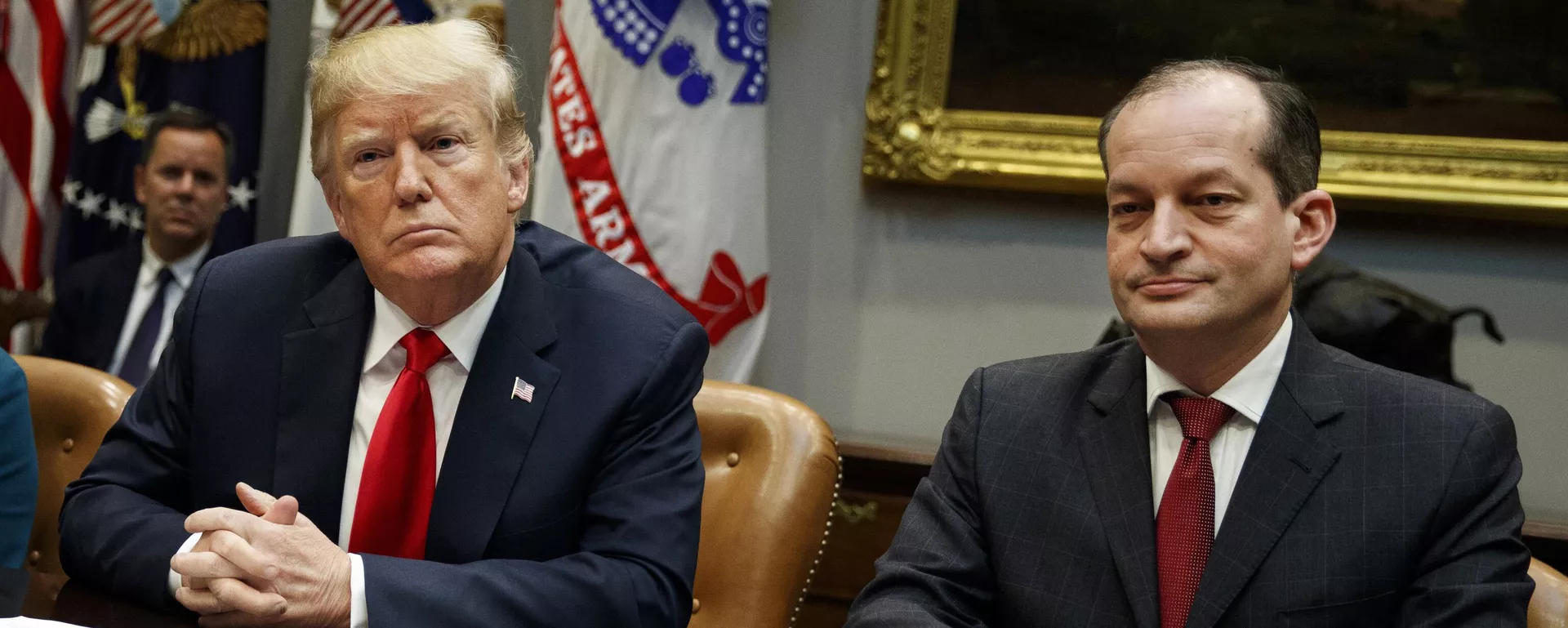 In this Sept. 17, 2018, file photo, President Donald Trump, left, and Labor Secretary Alexander Acosta listen during a meeting of the President's National Council of the American Worker in the Roosevelt Room of the White House in Washington In this Sept. 17, 2018, file photo, President Donald Trump, left, and Labor Secretary Alexander Acosta listen during a meeting of the President's National Council of the American Worker in the Roosevelt Room of the White House in Washington - Sputnik International, 1920, 19.07.2025