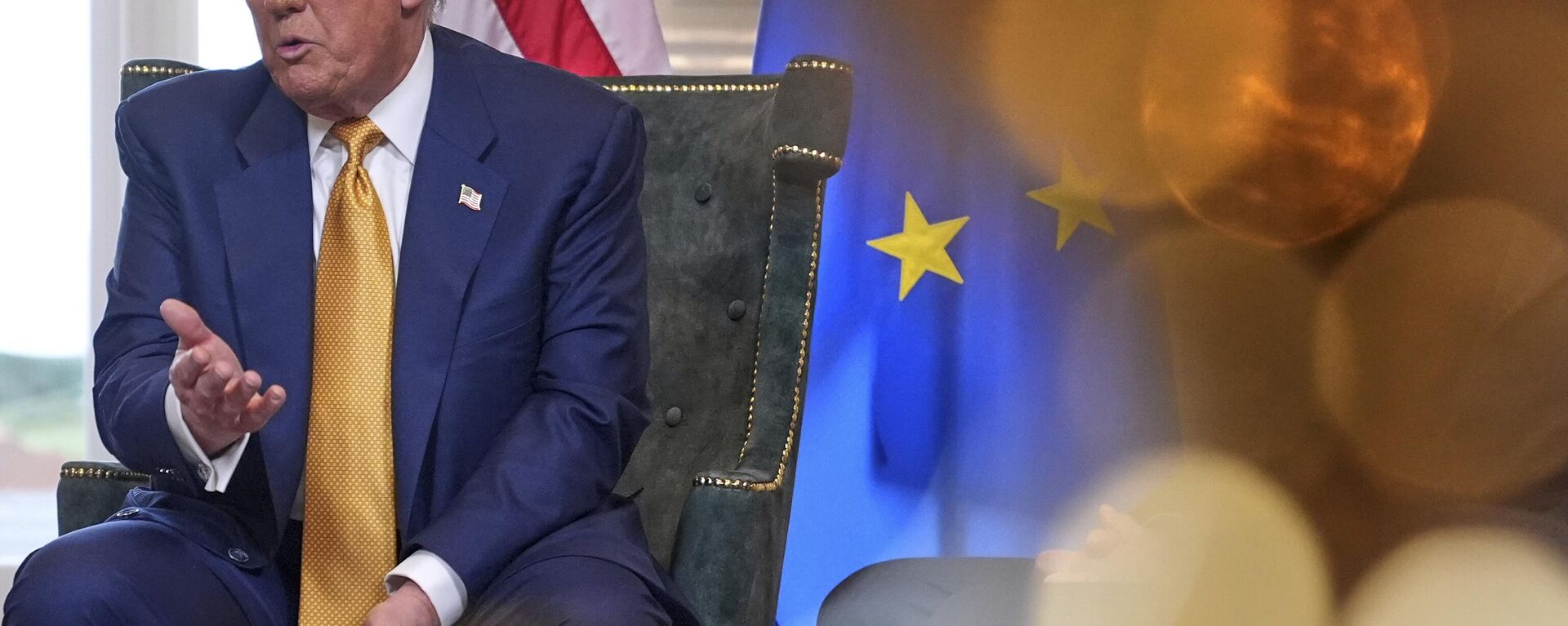 President Donald Trump speaks as he meets European Commission President Ursula von der Leyen at the Trump Turnberry golf course in Turnberry, Scotland Sunday, July 27, 2025.  - Sputnik International, 1920, 28.07.2025