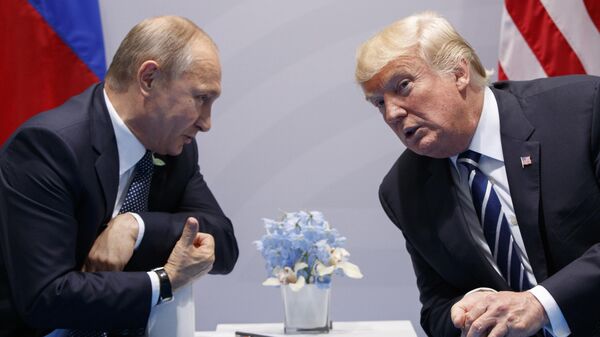 President Donald Trump, right, meets with Russian President Vladimir Putin at the G-20 Summit in Hamburg, July 7, 2017.  - Sputnik International