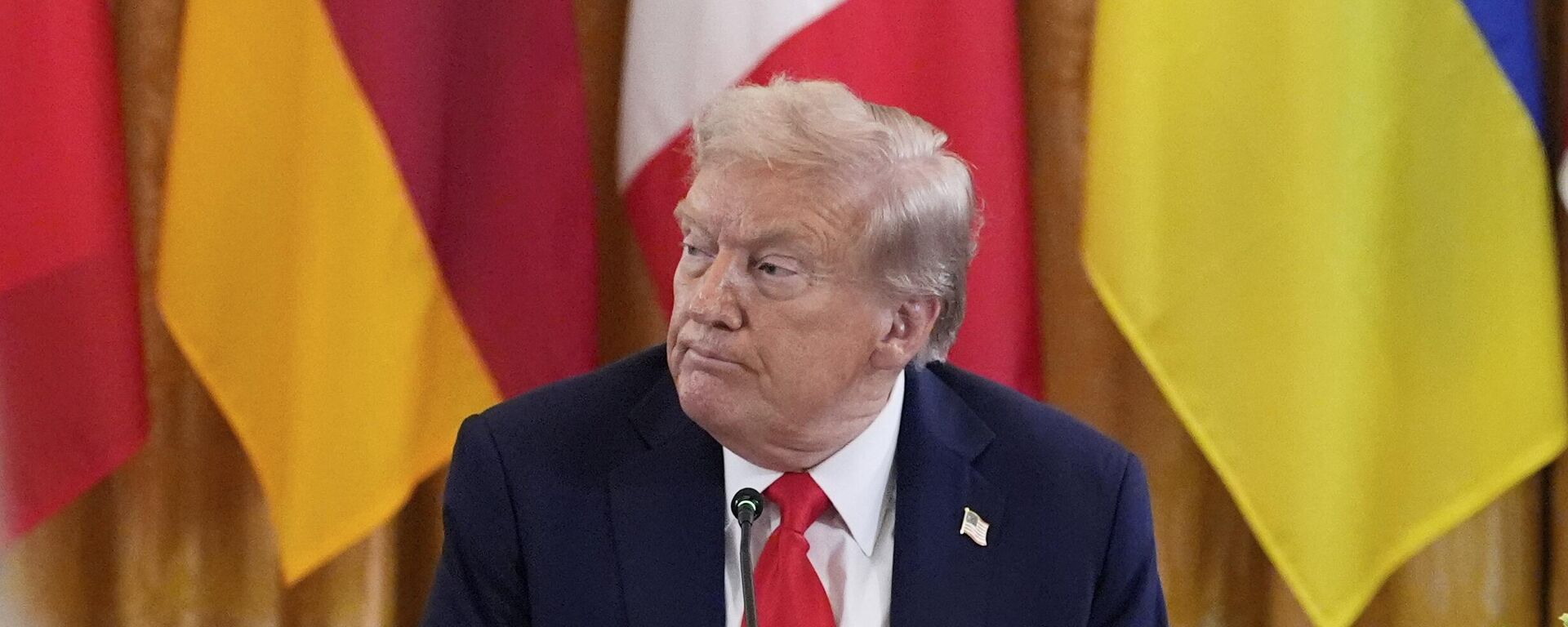 US President Donald Trump participates in a meeting with Volodymyr Zelensky and European leaders in the East Room of the White House, Monday, Aug. 18, 2025, in Washington.  - Sputnik International, 1920, 25.09.2025