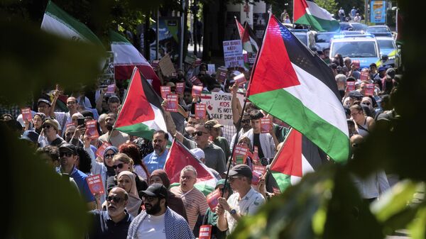Some hundred people amongst them Iranian and Palestinians protest against Israel in Frankfurt, Germany, Thursday, June 19, 2025.  - Sputnik International