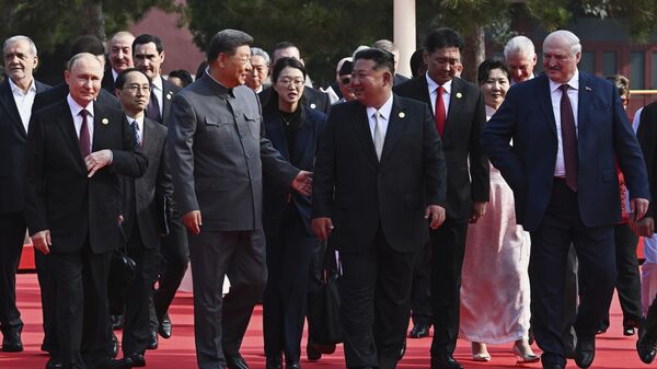 Front from left, Russian President Vladimir Putin, Chinese President Xi Jinping, North Korean leader Kim Jong Un and Belarusian President Alexander Lukashenko arrive at a military parade to commemorate the 80th anniversary of Japan's World War II surrender in Beijing, China, Wednesday, Sept. 3, 2025.  - Sputnik International