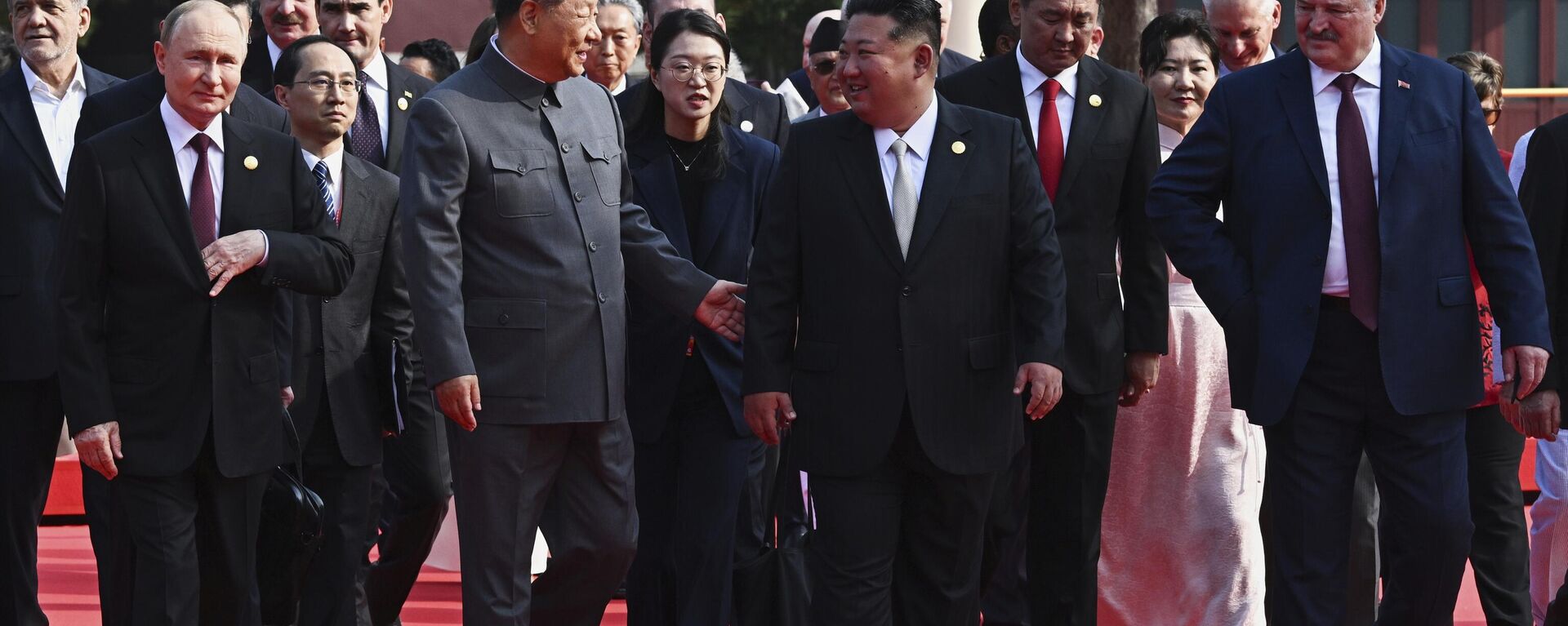 Front from left, Russian President Vladimir Putin, Chinese President Xi Jinping, North Korean leader Kim Jong Un and Belarusian President Alexander Lukashenko arrive at a military parade to commemorate the 80th anniversary of Japan's World War II surrender in Beijing, China, Wednesday, Sept. 3, 2025.  - Sputnik International, 1920, 07.09.2025