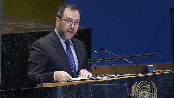 Venezuela's Foreign Minister Yvan Gil Pinto addresses the Summit of the Future, in the United Nations General Assembly, Monday, Sept. 23, 2024. (AP Photo/Richard Drew) - Sputnik International