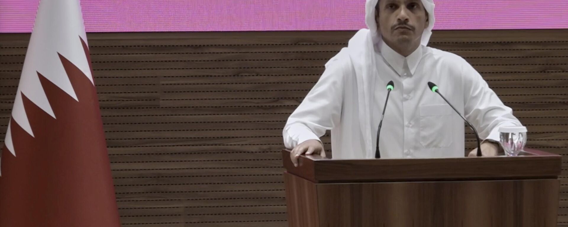 In this framegrab taken from video Qatar Prime Minister and Foreign Minister Sheikh Mohammed bin Abdulrahman bin Jassim Al Thani addresses the press in Doha, Qatar, Tuesday Sept. 9, 2025,(AP Photo) - Sputnik International, 1920, 11.09.2025