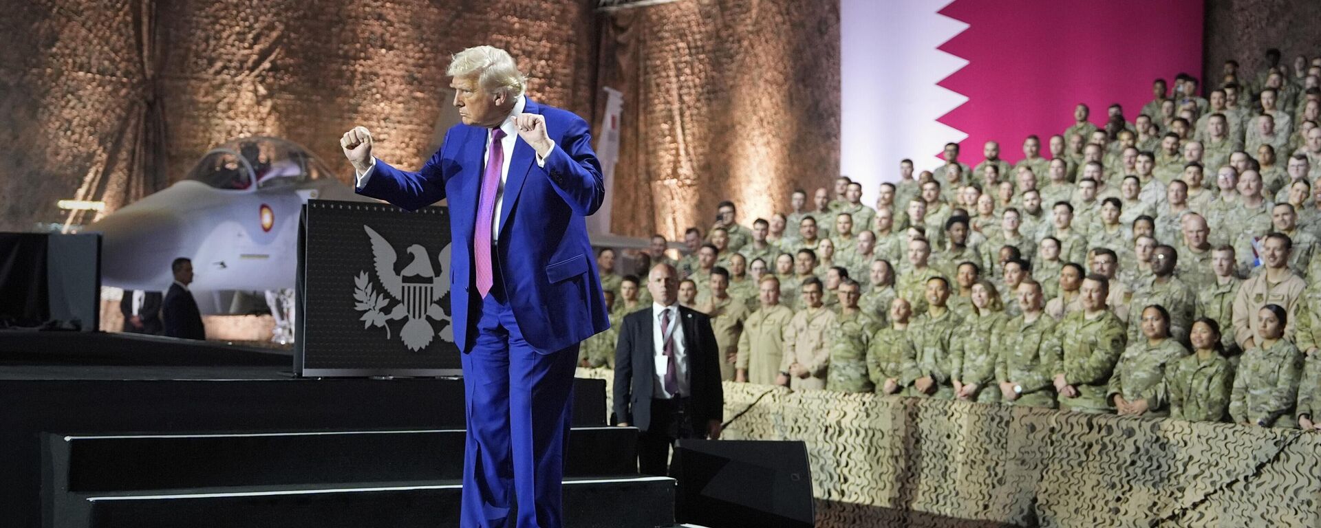 President Donald Trump gestures after speaking at the Al Udeid Air Base, Thursday, May 15, 2025, in Doha, Qatar. President Donald Trump gestures after speaking at the Al Udeid Air Base, Thursday, May 15, 2025, in Doha, Qatar. - Sputnik International, 1920, 12.09.2025