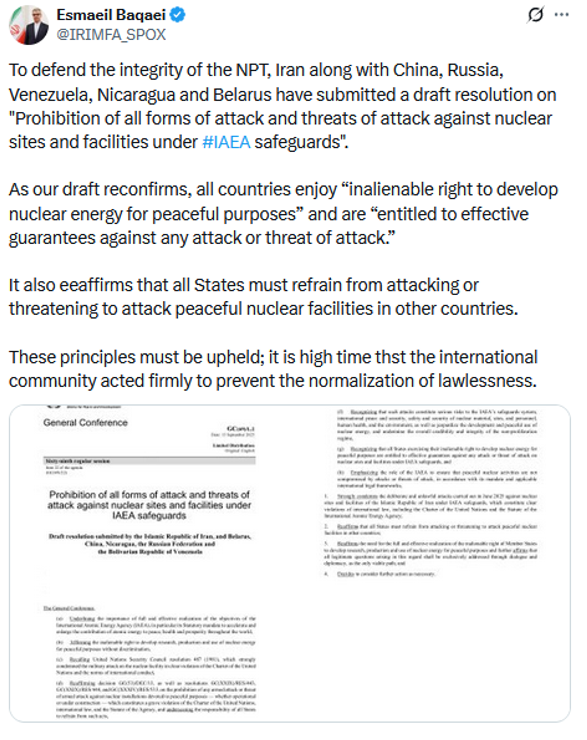 Screenshot of X post by Iran’s Foreign Ministry spokesman Esmaeil Baqaei. - Sputnik International, 1920, 16.09.2025