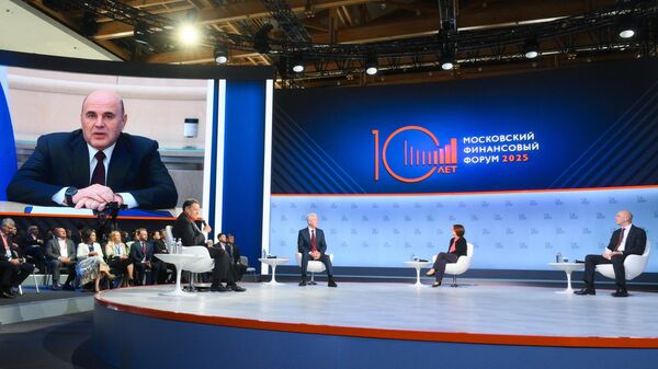 Andrei Makarov, Chairman of the State Duma Committee on Budget and Taxes, Sergei Sobyanin, Mayor of Moscow, Elvira Nabiullina, Chairwoman of the Central Bank of Russia, Anton Siluanov, Minister of Finance of Russia (from left to right) at the plenary session Financial System: Challenges and Tasks during the 10th Moscow Financial Forum. On the screen – Mikhail Mishustin, Prime Minister of Russia.
 - Sputnik International