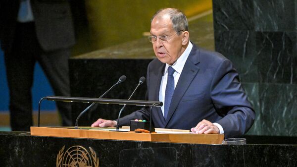 Russian Foreign Minister Sergey Lavrov gives a speech at the UN General Assembly in New York. Saturday, September 27, 2025. - Sputnik International
