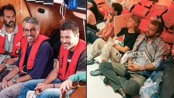 This combination of images released by the Israeli Foreign Ministry shows Greta Thunberg, second from right, with other flotilla activists after the Israeli navy intercepted the Global Sumud Flotilla carrying humanitarian aid to Gaza, Wednesday, Oct. 1, 2025. - Sputnik International