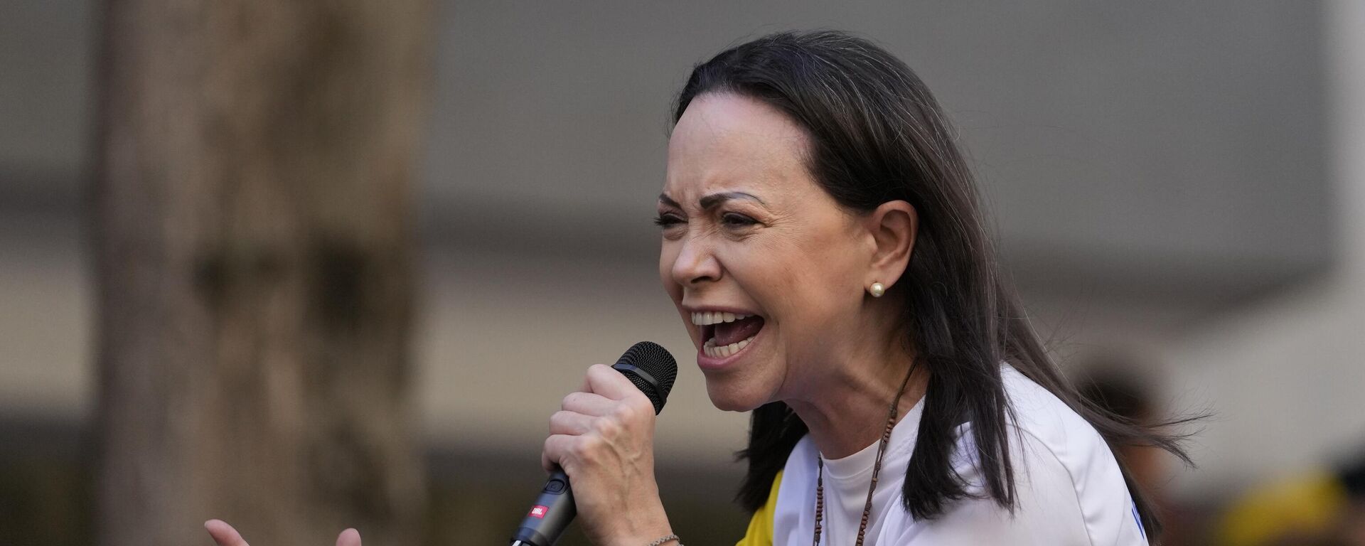 Opposition leader Maria Corina Machado addresses supporters during a protest against President Nicolas Maduro the day before his inauguration for a third term in Caracas, Venezuela, Thursday, Jan. 9, 2025. (AP Photo/Matias Delacroix) Opposition leader Maria Corina Machado addresses supporters during a protest against President Nicolas Maduro the day before his inauguration for a third term in Caracas, Venezuela, Thursday, Jan. 9, 2025. (AP Photo/Matias Delacroix) - Sputnik International, 1920, 10.10.2025