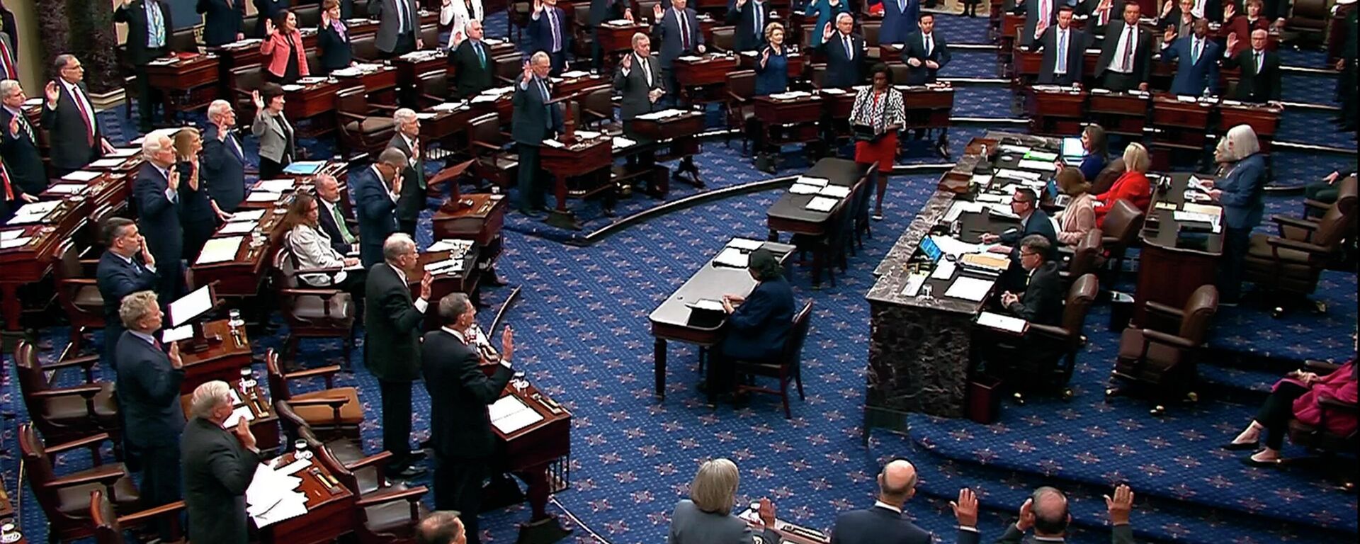 In this image from video from Senate Television, Sen. Patty Murray, D-Wash., swears senators in for the impeachment trial of Homeland Security Secretary Alejandro Mayorkas on the Senate floor at the US Capitol, Wednesday, April 17, 2024, in Washington - Sputnik International, 1920, 19.11.2025