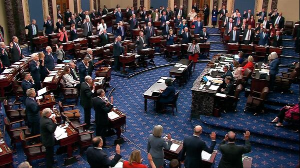In this image from video from Senate Television, Sen. Patty Murray, D-Wash., swears senators in for the impeachment trial of Homeland Security Secretary Alejandro Mayorkas on the Senate floor at the US Capitol, Wednesday, April 17, 2024, in Washington - Sputnik International