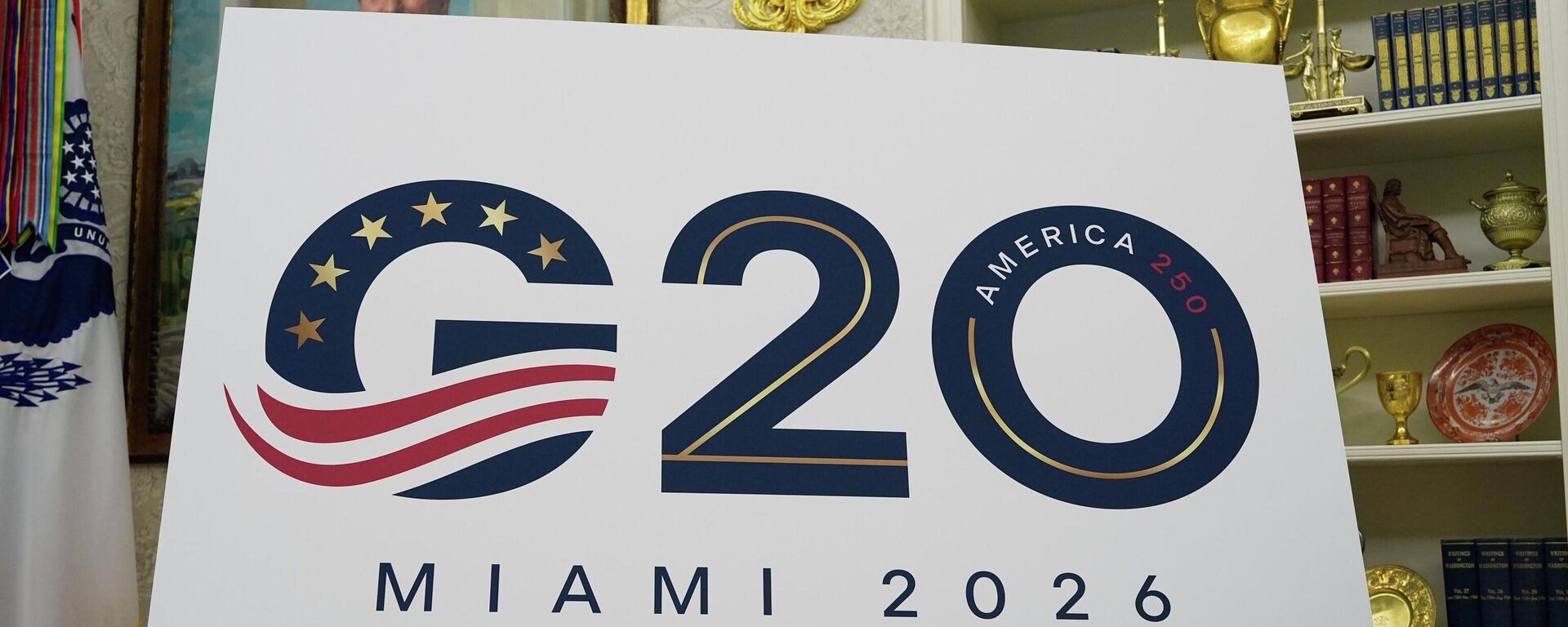 A sign for the G20 to be hosted in Miami in 2026 is displayed as President Donald Trump speaks in the Oval Office of the White House, Friday, Sept. 5, 2025, in Washington. - Sputnik International, 1920, 03.01.2026