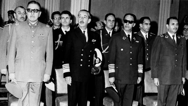Commanders of the four branches of the armed forces, from left, Gen. Augusto Pinochet, Adm. Jose Toribio Merino Castro, Air Force Gen. Gustavo Leigh Guzman and Police General (Carabineros) Cesar Mendoza, who now make up the new military junta, are pictured in Santiago de Chile, Sept. 16, 1973.  - Sputnik International