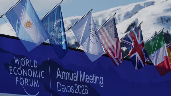 Flags decorate the Congress Center where the Annual Meeting of the World Economy Forum take place in Davos, Switzerland, Monday, Jan. 19, 2026.  - Sputnik International