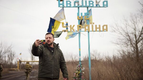 In this photo provided by the Ukrainian Presidential Press Office, Volodymyr Zelensky visits Avdiyevka, Ukrainian-occupied Donetsk, Ukraine, Friday, Dec. 29, 2023. Russian forces took the town two months later. - Sputnik International