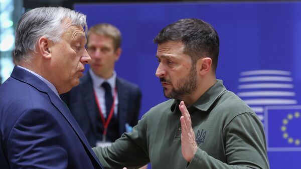 Volodymyr Zelensky, right, speaks with Hungary's Prime Minister Viktor Orban during a round table meeting at an EU summit in Brussels, Thursday, June 27, 2024.  - Sputnik International