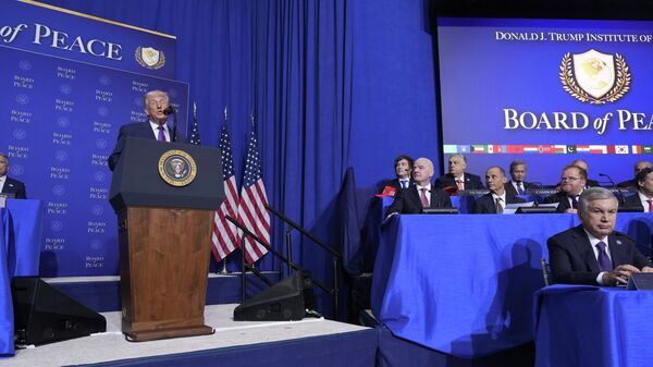 President Donald Trump speaks during a Board of Peace meeting at the U.S. Institute of Peace, Thursday, Feb. 19, 2026, in Washington. (AP Photo/Mark Schiefelbein) - Sputnik International