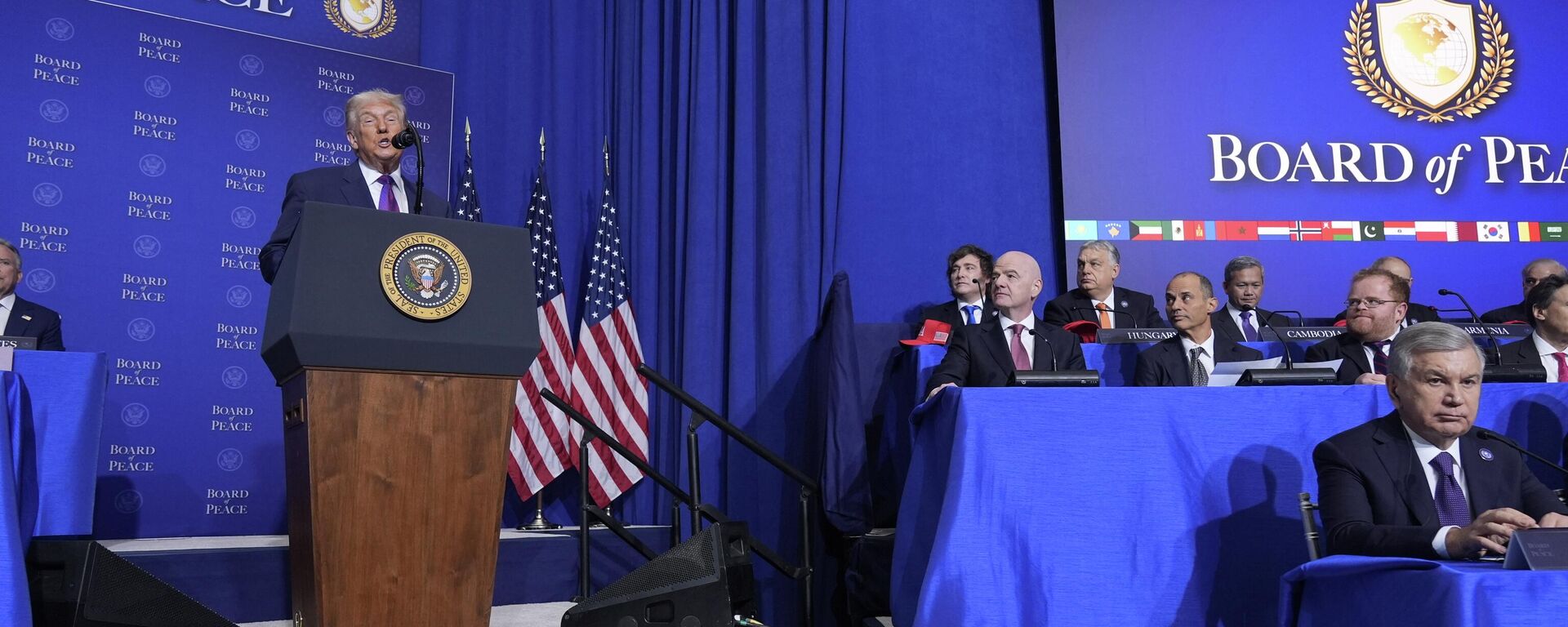President Donald Trump speaks during a Board of Peace meeting at the U.S. Institute of Peace, Thursday, Feb. 19, 2026, in Washington. (AP Photo/Mark Schiefelbein) - Sputnik International, 1920, 19.02.2026