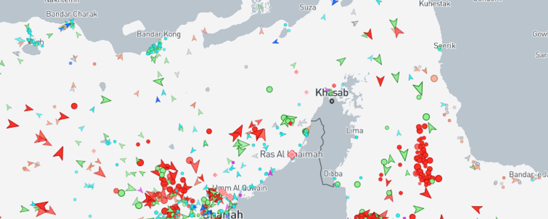 Interactive map of Hormuz Strait ship traffic by marinevesseltraffic.com. Screenshot. - Sputnik International, 1920, 01.03.2026