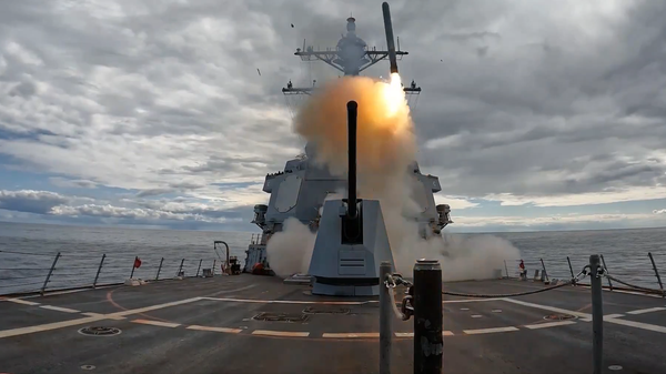 A CENTCOM video's screenshot of a US strike on Iran.  - Sputnik International