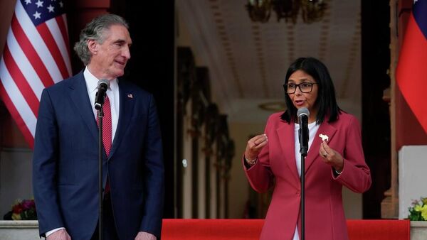 Venezuela's acting President Delcy Rodriguez with US Interior Secretary Doug Burgum at Miraflores presidential palace in Caracas, Venezuela - Sputnik International