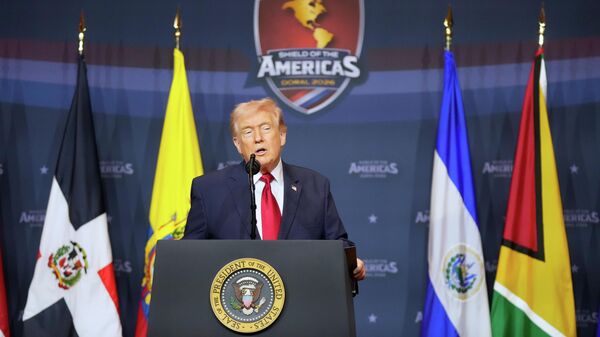President Donald Trump speaks at the Shield of the Americas Summit, Saturday, March 7, 2026, at Trump National Doral Miami in Doral, Fla. (AP Photo/Mark Schiefelbein) - Sputnik International
