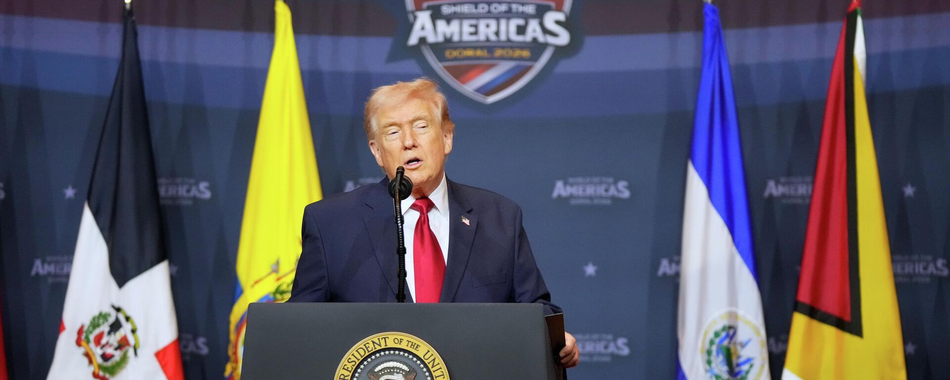 President Donald Trump speaks at the Shield of the Americas Summit, Saturday, March 7, 2026, at Trump National Doral Miami in Doral, Fla. (AP Photo/Mark Schiefelbein) - Sputnik International, 1920, 07.03.2026