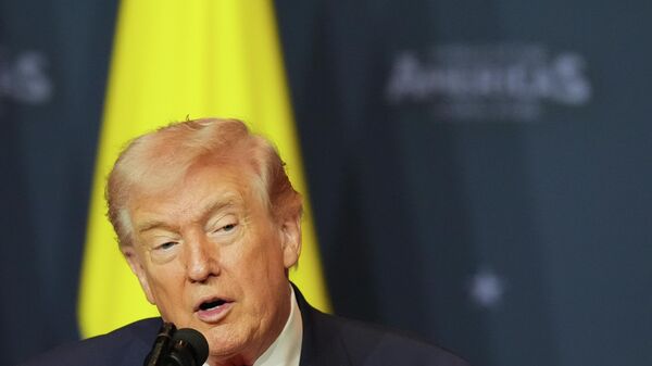President Donald Trump speaks at the Shield of the Americas Summit, Saturday, March 7, 2026, at Trump National Doral Miami in Doral, Fla. (AP Photo/Rebecca Blackwell) - Sputnik International
