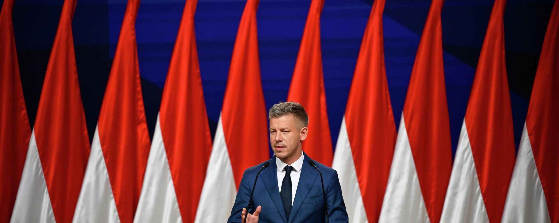 Peter Magyar gestures as he speaks to the media in Budapest, Hungary, Monday, April 13, 2026, after defeating Prime Minister Viktor Orban's party in the country's parliamentary elections. - Sputnik International, 1920, 14.04.2026