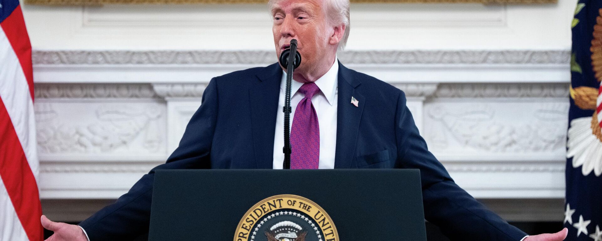 President Donald Trump speaks during an event for NCAA national champions in the State Dining Room of the White House, Tuesday, April 21, 2026, in Washington. (AP Photo/Alex Brandon) - Sputnik International, 1920, 29.04.2026