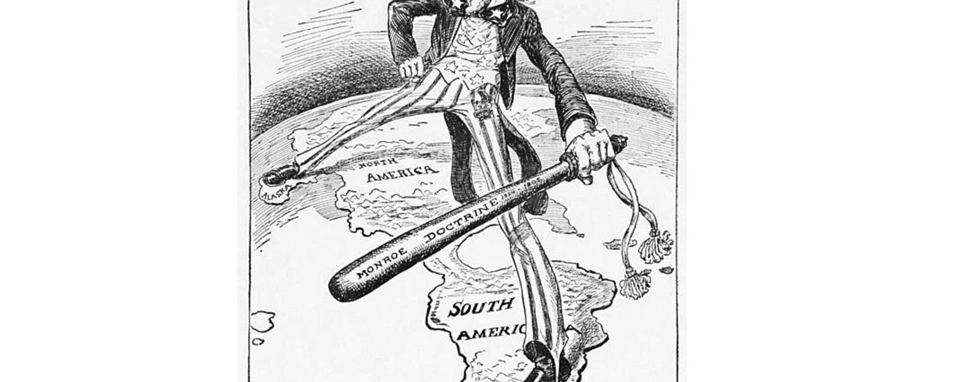 Monroe Doctrine cartoon showing the figure of Uncle Sam towering over the Western Hemisphere, one foot in North America and the other in South America. - Sputnik International, 1920, 29.04.2026