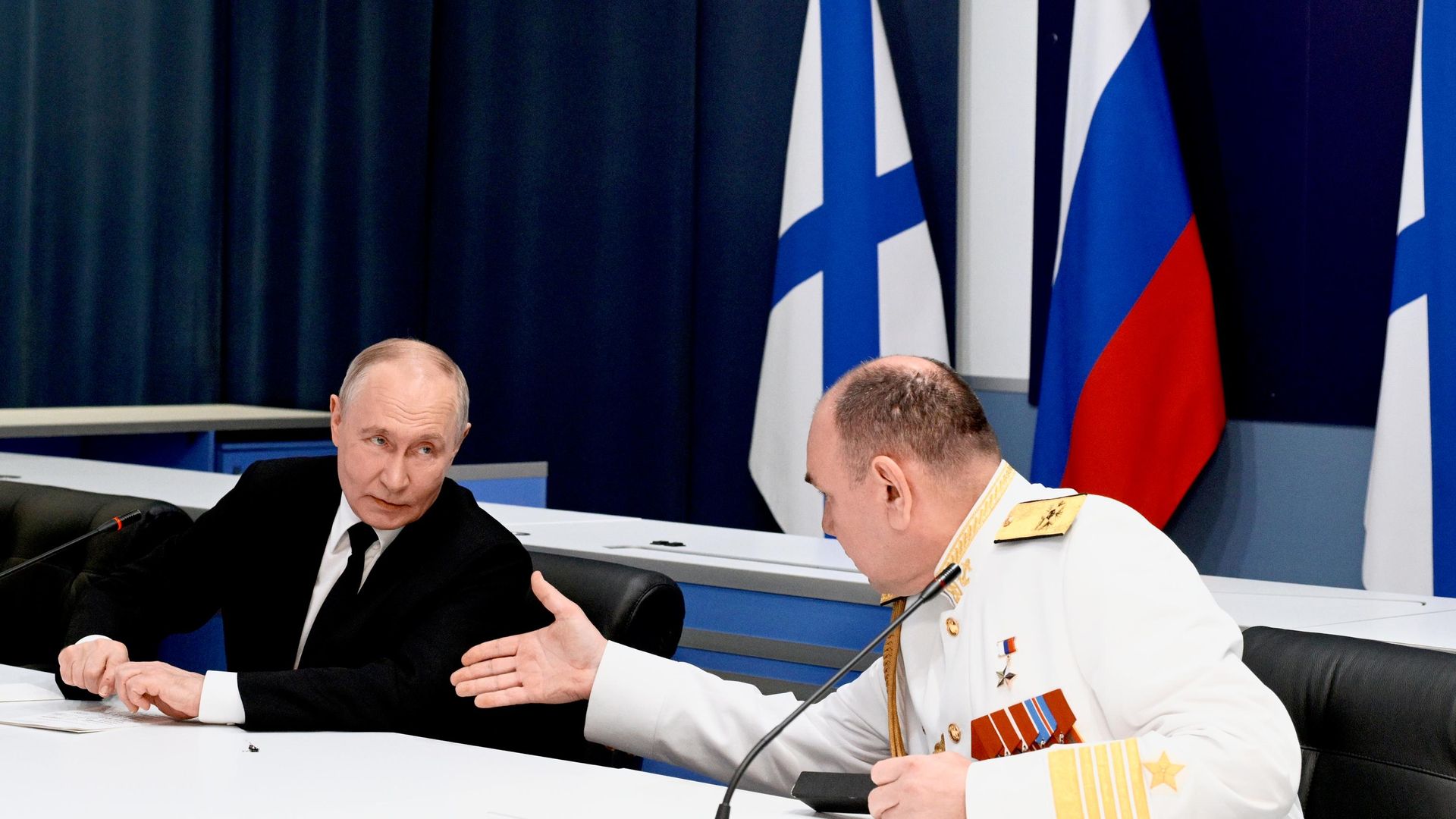 Russian President and Supreme Commander-in-Chief Vladimir Putin during a meeting with naval command at the Main Admiralty in St. Petersburg on Navy Day, July 26, 2026. Commander-in-Chief of the Russian Navy Alexander Moiseev is seen on the right. Russian President and Supreme Commander-in-Chief Vladimir Putin during a meeting with naval command at the Main Admiralty in St. Petersburg on Navy Day, July 26, 2026. Commander-in-Chief of the Russian Navy Alexander Moiseev is seen on the right. - Sputnik International, 1920, 26.07.2026