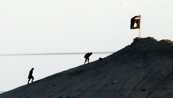 In this Oct. 6, 2014 file photo, shot with an extreme telephoto lens and through haze from the outskirts of Suruc at the Turkey-Syria border, militants with the Islamic State group are seen after placing their group's flag on a hilltop at the eastern side of the town of Kobani, Syria - Sputnik International