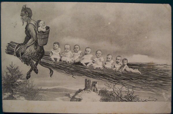 Vintage Christmas Krampus Postcard, Krampus stealing babies and taking them to Spain. Vintage Christmas Krampus Postcard, Krampus stealing babies and taking them to Spain. - Sputnik International