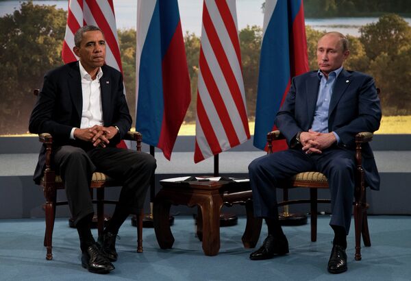 President Barack Obama meets with Russian President Vladimir Putin in Enniskillen, Northern Ireland, Monday, June 17, 2013. Obama and Putin discussed the ongoing conflict in Syria during their bilateral meeting. - Sputnik International
