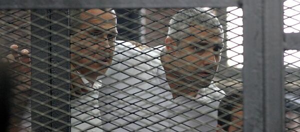 Australian journalist Peter Greste and Mohamed Fahmy stand inside court's cage 23 Jun 2014 - Sputnik International