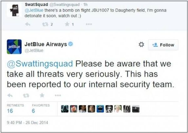 Twitter exchange in which an anonymous user threatened to bomb a JetBlue plane in response to the airline's offer of free flights to police officers attending the funerals of slain NYPD officers. - Sputnik International