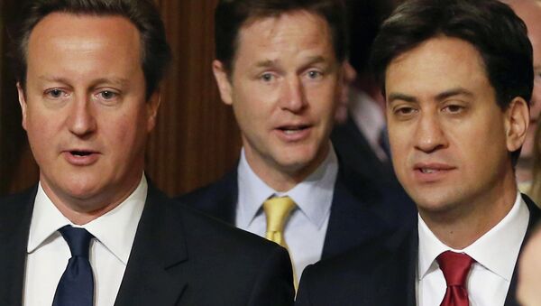 British Prime Minister David Cameron, left, Deputy Prime Minister and leader of the Liberal Democrats Nick Clegg, centre, and Leader of the Labour Party Ed Miliband. - Sputnik International